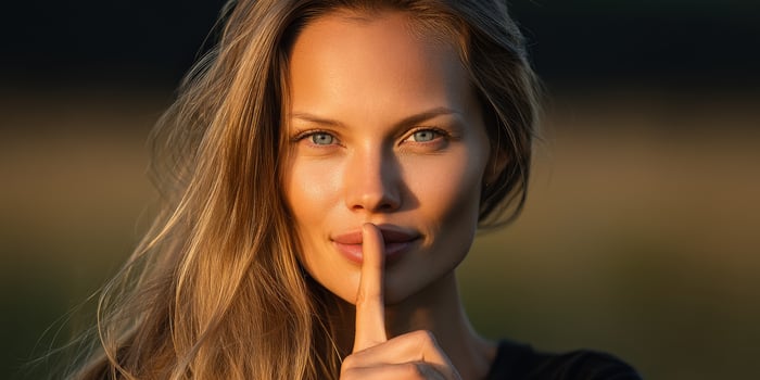 Woman with long hair making a shushing gesture in a sunny field photo