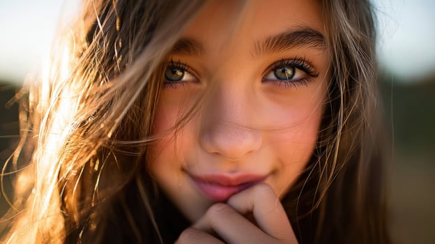 Portrait of a girl with sparkling blue eyes against a sunset background photo