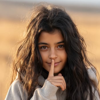 Young girl in a field making a shushing gesture during golden hour photo