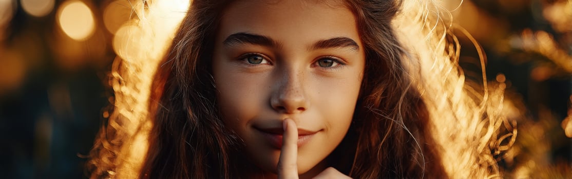 Young girl with curly hair playfully holding finger to lips at sunset photo