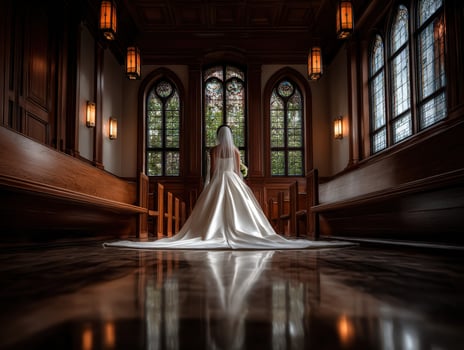 Bride in elegant wedding dress stands gracefully in historic chapel at noon photo