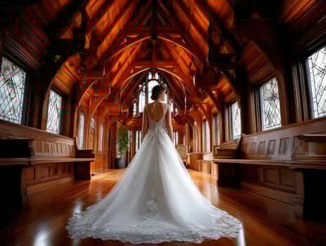 Stunning bride stands in elegant wooden hall wearing a detailed wedding gown photo