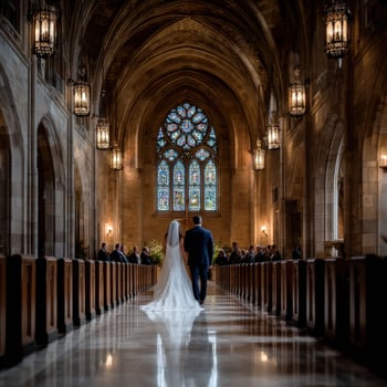 Couple walks down aisle in beautifully lit cathedral during wedding ceremony photo