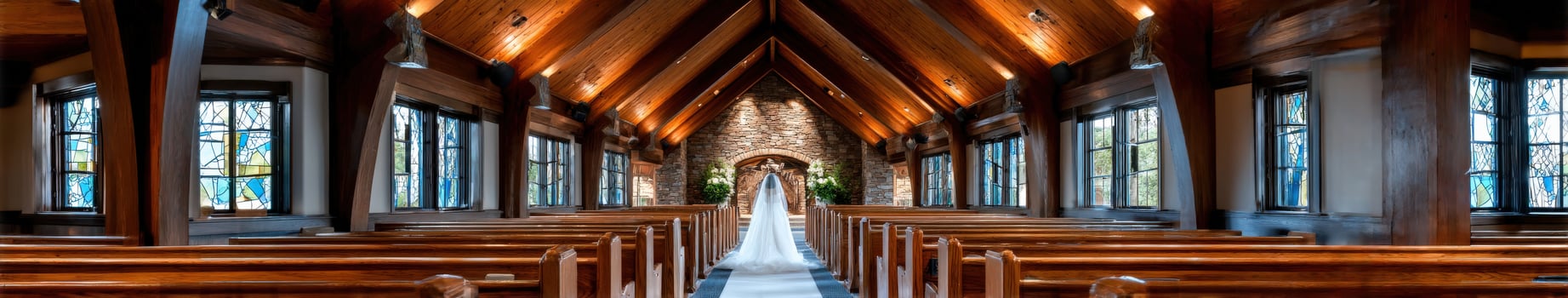 Bride walking down aisle in a beautiful wooden chapel with stone accents photo
