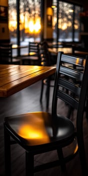 Warm sunset light reflecting on a chair in a cozy cafe interior photo