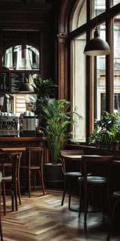Cozy cafe interior with plants and wooden furnishings during the day photo