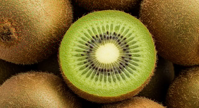 A sliced kiwi showcases its bright green interior with a detailed close up view. photo