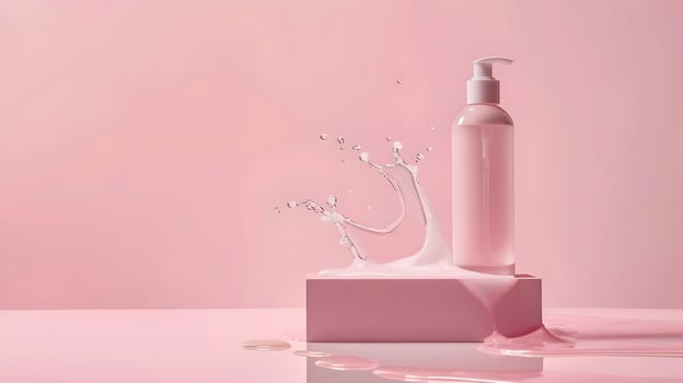 A bottle of liquid soap is sitting on a pink table photo