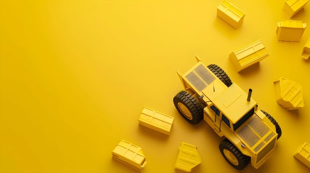 A yellow toy truck is surrounded by yellow boxes photo
