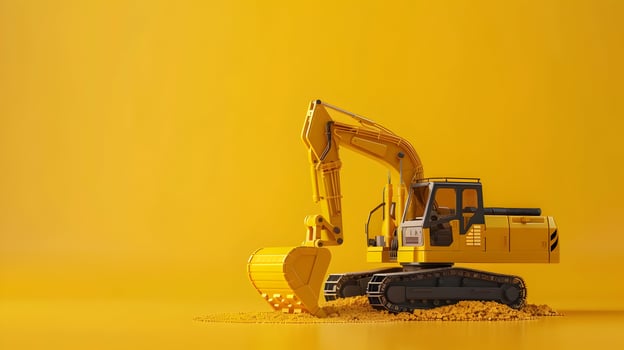 A toy excavator is sitting on a yellow surface photo