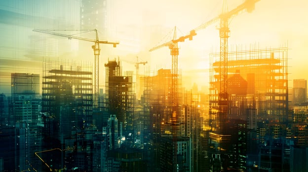 A cityscape with construction cranes and skyscrapers photo