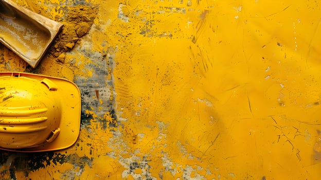 A yellow hard hat and shovel on a wall photo