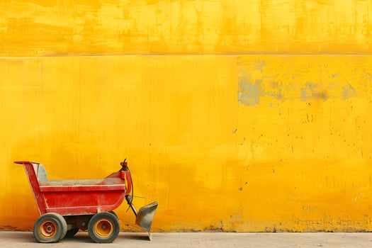 A red toy wagon is parked against a yellow wall photo