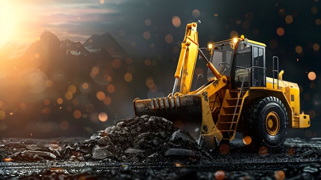 A construction vehicle is sitting on top of a pile of dirt photo