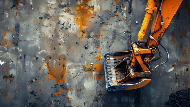 An orange excavator is on a wall photo