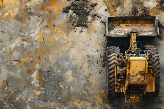 A yellow bulldozer is parked on a concrete floor photo