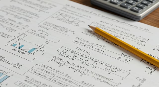 Detailed view of mathematical equations with a pencil, showing the complexity of math. photo
