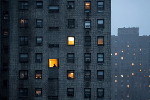 Person sitting by window in apartment building during twilight hours photo