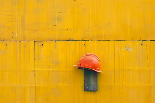 A red hard hat on a yellow wall photo