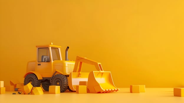 A toy bulldozer sits in front of yellow blocks photo