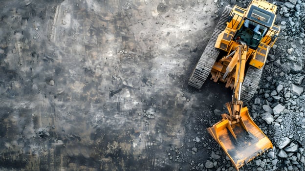 A yellow bulldozer is sitting on top of a pile of rocks photo