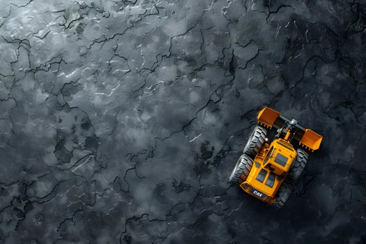 A yellow bulldozer is driving on a black surface photo