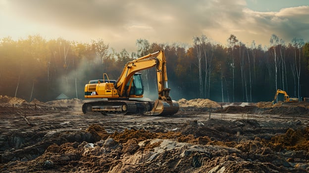 A construction machine is working on a dirt field photo