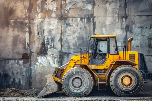 A large yellow construction vehicle is parked in front of a wall photo