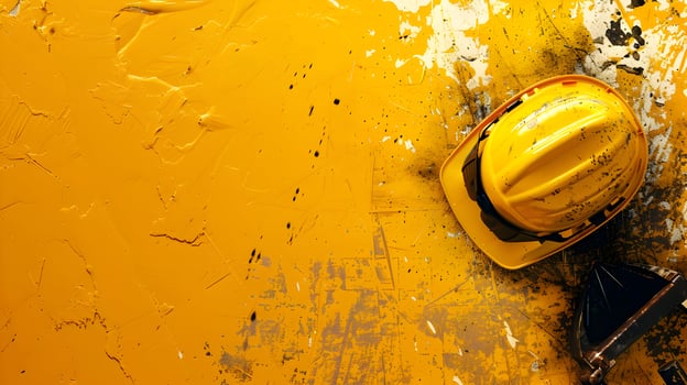 A yellow hard hat on a wall photo