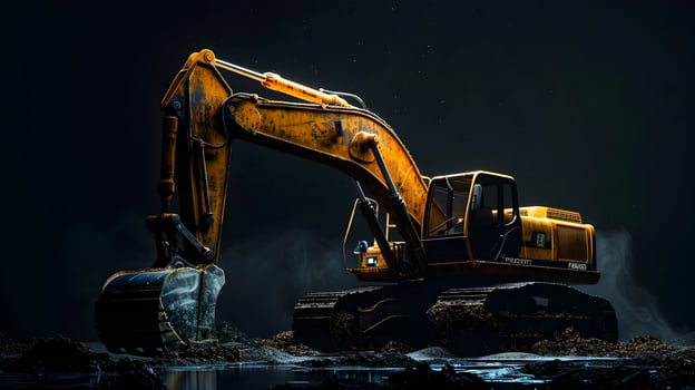 A large excavator is sitting in the dark photo