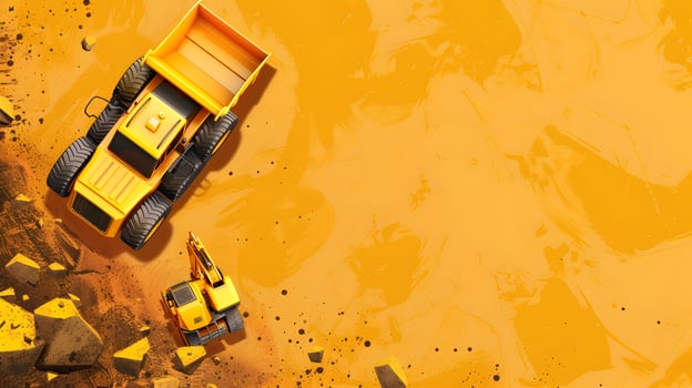 A yellow construction vehicle is driving over a pile of rubble photo