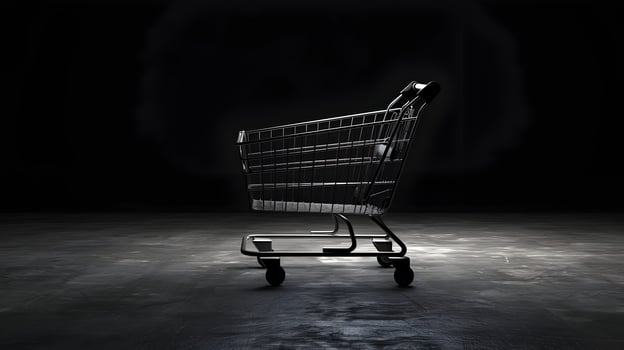 A shopping cart is shown in the dark photo