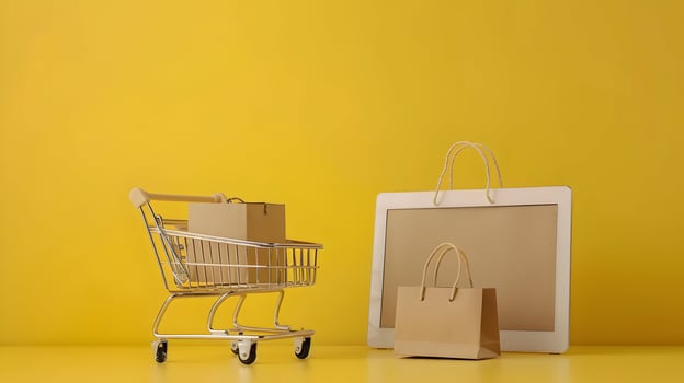 Shopping cart and paper bags on yellow background photo
