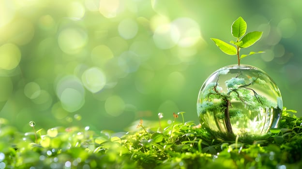 Green plant in glass bottle with bokeh effect photo