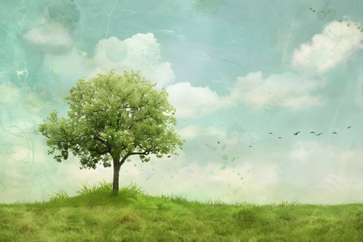 A painting of a tree on a grassy field photo