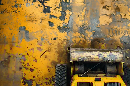 A yellow and black tractor sitting on a yellow and black wall photo