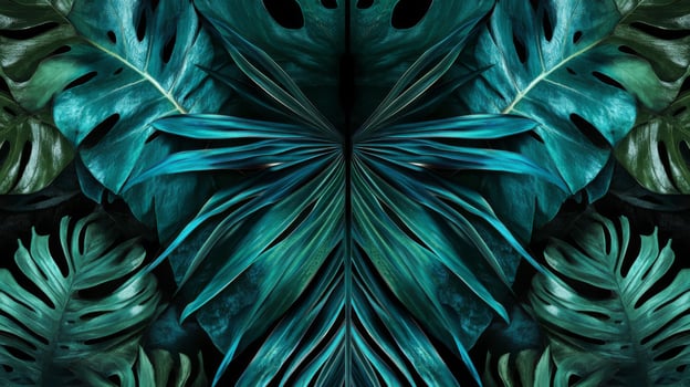 Dark Teal Tropical Leaves Symmetrical Pattern photo