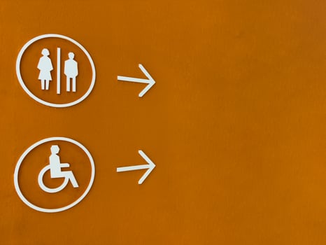 Modern restroom direction sign with male, female and wheelchair symbols on bold orange wall, pointing to the right. Accessible and inclusive design for public facilities navigation photo