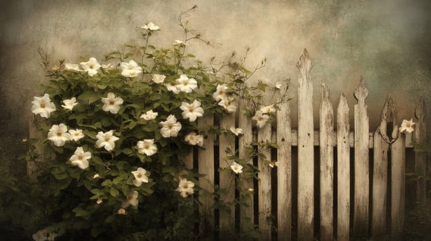 White Flowers Blooming on Old White Fence photo