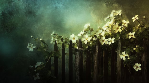 White Flowers on Old Fence at Night photo
