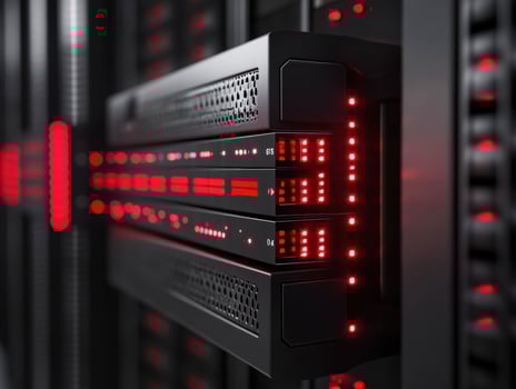 Data server rack with glowing red lights in a modern data center photo
