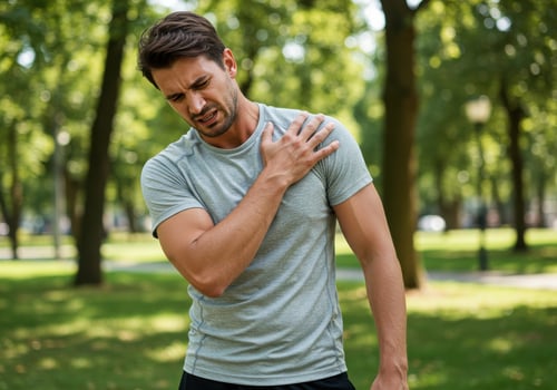 A man is holding his chest in pain photo