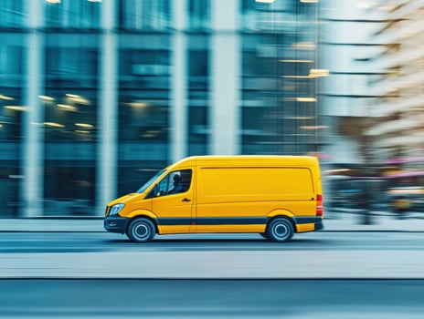 Yellow delivery van speeding through urban city street photo
