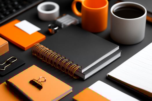 Organized workspace with orange and black supplies photo