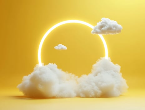 Bright yellow background with glowing sun and fluffy clouds photo
