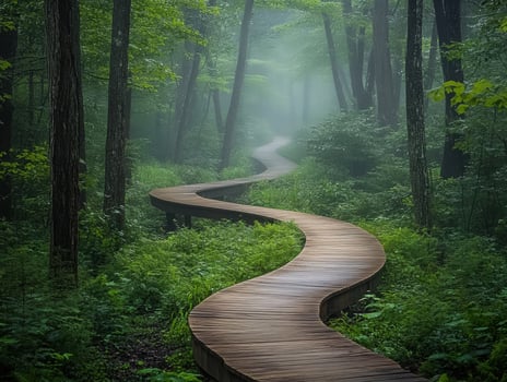 Winding wooden path through a foggy green forest photo