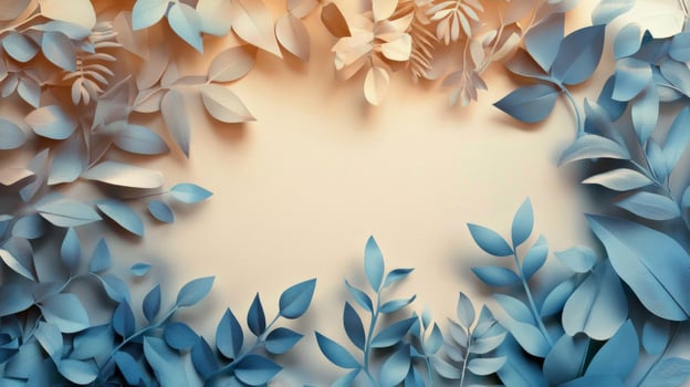 Blue and Beige Paper Leaves Frame on Beige Background photo