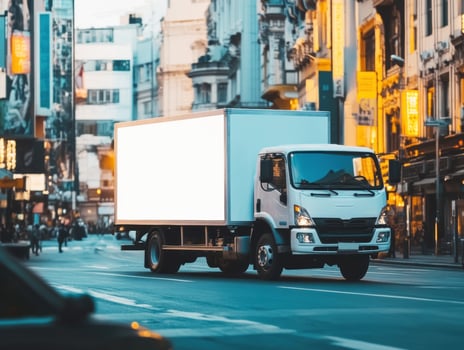 Delivery truck moving through busy urban street in evening light photo