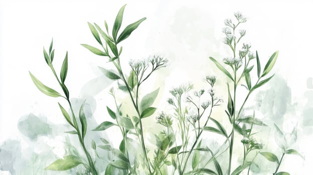 Watercolor Painting of Green and White Flowers and Leaves photo