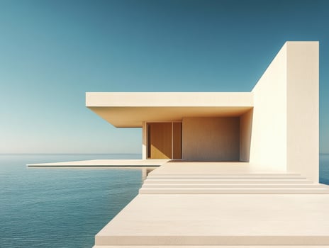 Modern architectural design overlooks tranquil ocean water photo